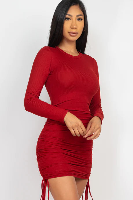 red Ribbed Long Sleeve Drawstring Bodycon Midi Dress