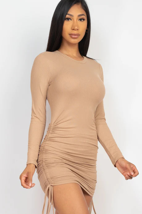 latte Ribbed Long Sleeve Drawstring Bodycon Midi Dress