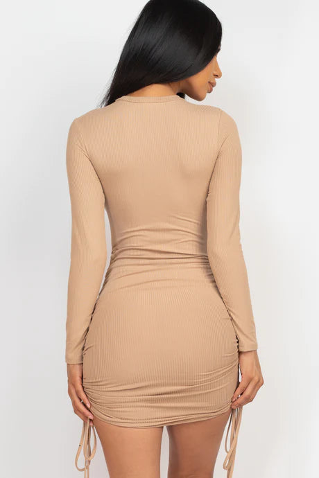 latte Ribbed Long Sleeve Drawstring Bodycon Midi Dress