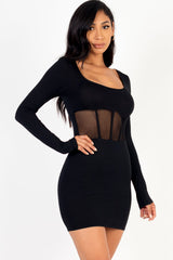 Black Square Neck Mesh Corset Mini Dress