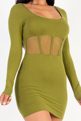 olive Square Neck Mesh Corset Mini Dress