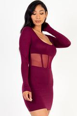 burguny Square Neck Mesh Corset Mini Dress