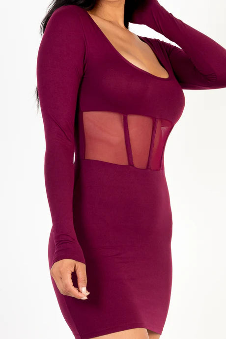 burguny Square Neck Mesh Corset Mini Dress