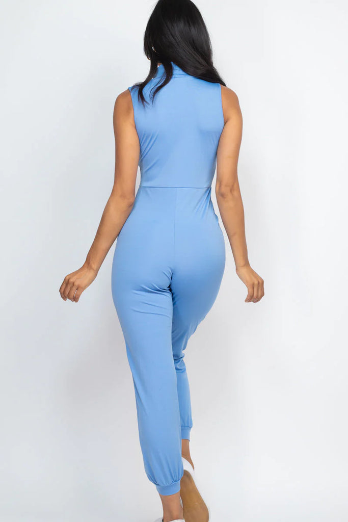 blue Sleeveless Zip Front Jumpsuit 
