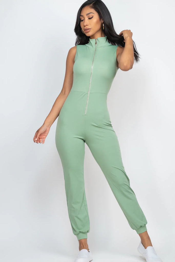 green Sleeveless Zip Front Jumpsuit 