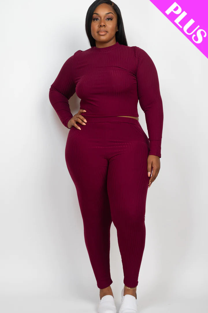 burgundy Plus Size Ribbed Mock Neck Long Sleeve Top & Leggings Set