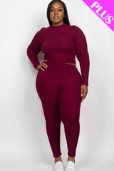 burgundy Plus Size Ribbed Mock Neck Long Sleeve Top & Leggings Set