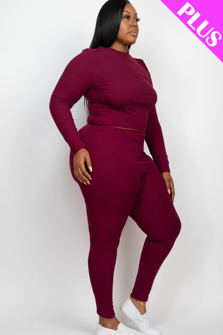 burgundy Plus Size Ribbed Mock Neck Long Sleeve Top & Leggings Set