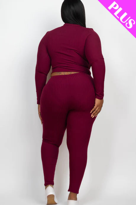 burgundy Plus Size Ribbed Mock Neck Long Sleeve Top & Leggings Set