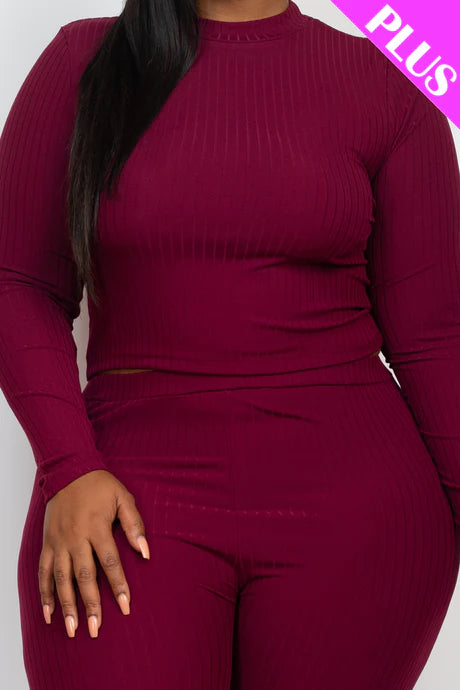 burgundy Plus Size Ribbed Mock Neck Long Sleeve Top & Leggings Set