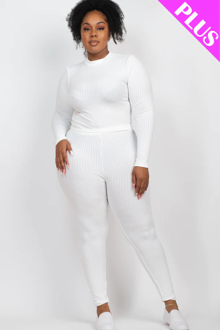 white Plus Size Ribbed Mock Neck Long Sleeve Top & Leggings Set