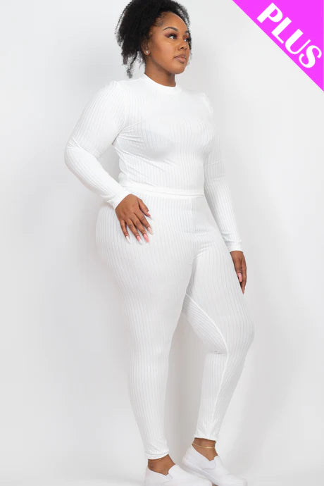 white Plus Size Ribbed Mock Neck Long Sleeve Top & Leggings Set