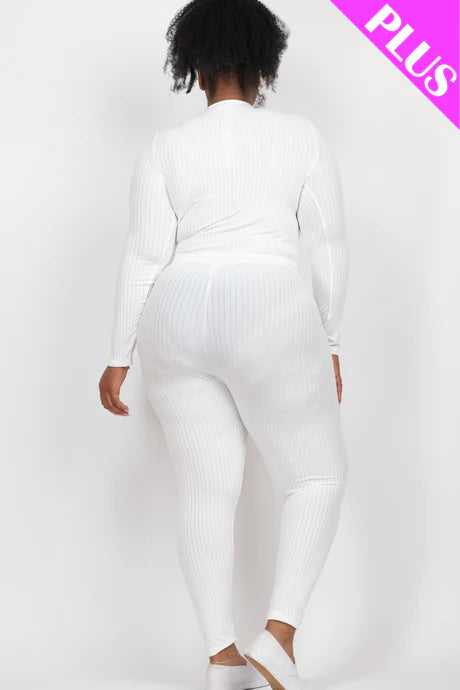 white Plus Size Ribbed Mock Neck Long Sleeve Top & Leggings Set