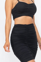 Black Ruched Crop Top & Skirt Set