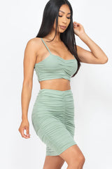 green Ruched Crop Top & Skirt Set