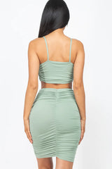 green Ruched Crop Top & Skirt Set