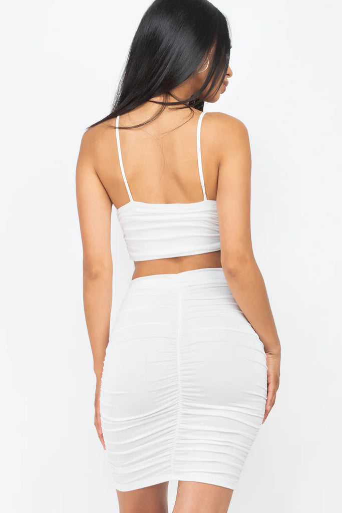 white Ruched Crop Top & Skirt Set