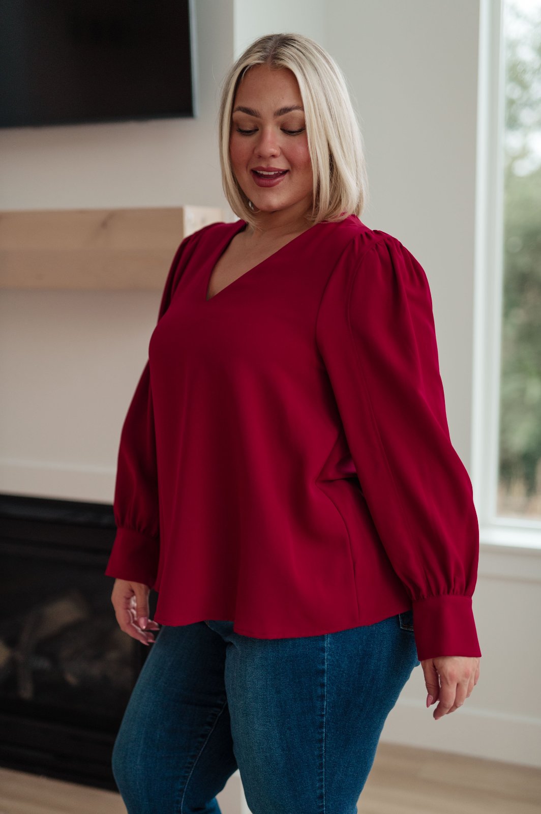 plus size Red V-Neck Puff Sleeve Blouse