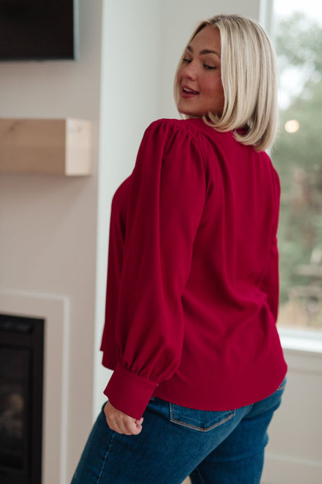 plus size side view Red V-Neck Puff Sleeve Blouse