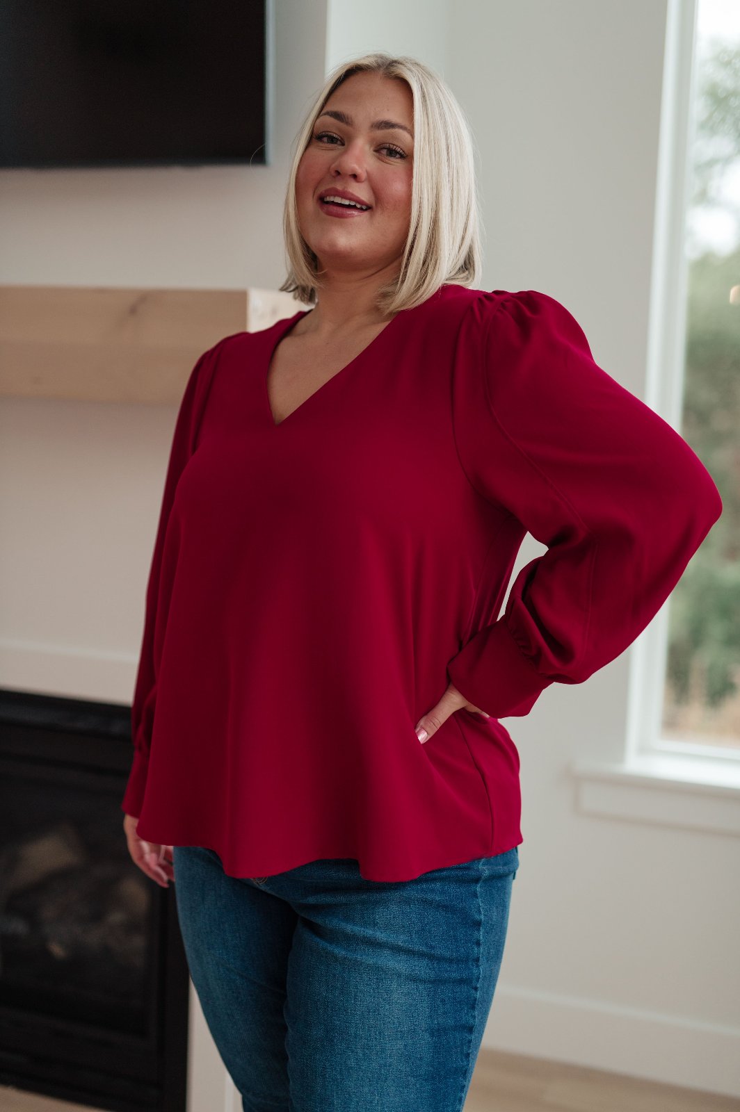 plus size front view Red V-Neck Puff Sleeve Blouse