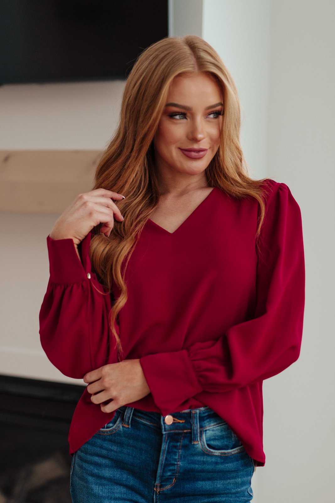 Red V-Neck Puff Sleeve Blouse front view