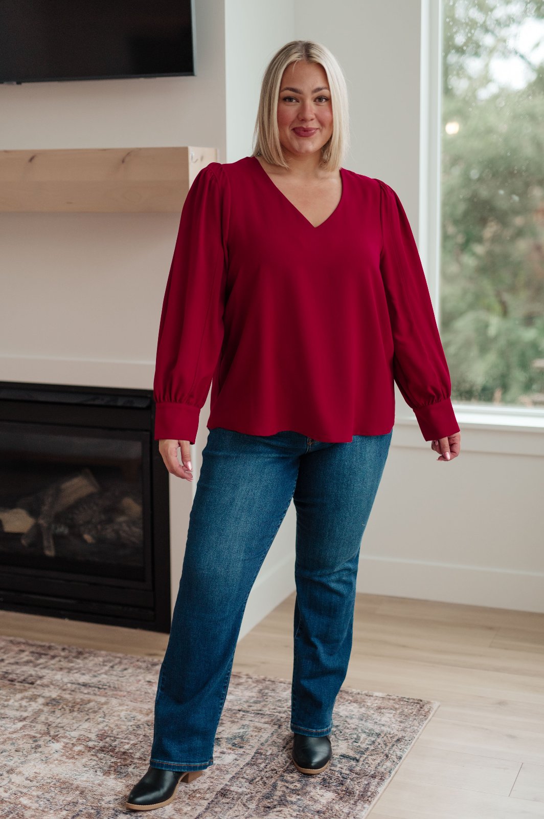 plus size Red V-Neck Puff Sleeve Blouse full view