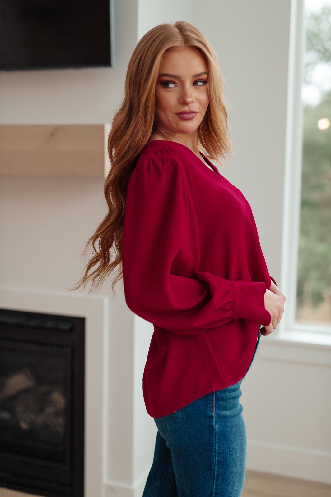 Red V-Neck Puff Sleeve Blouse side view