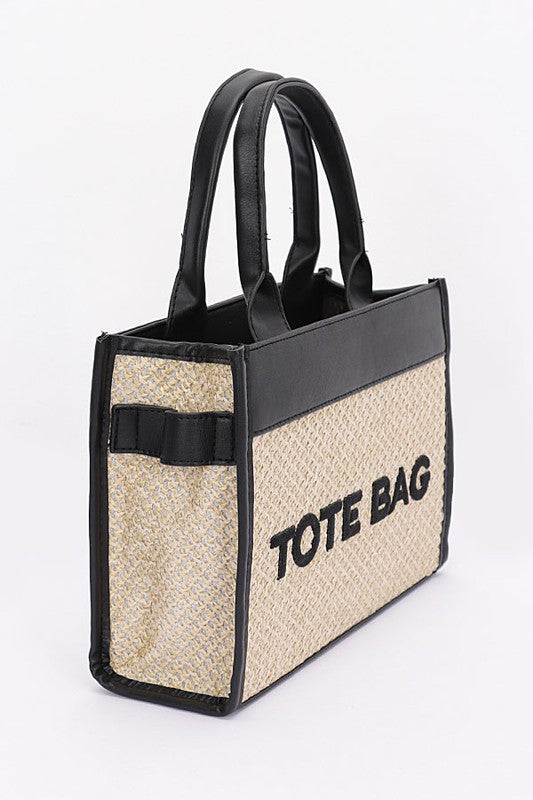 Beige Faux Straw Fashion Tote Bag side view