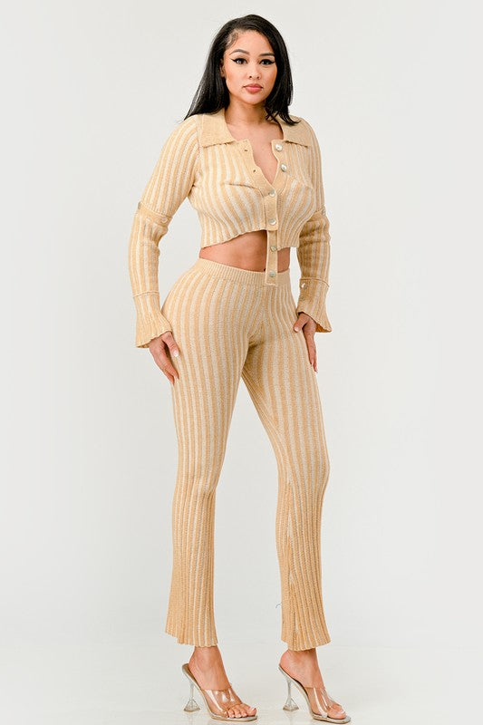 Beige Cozy Knit High Waisted Pant Set