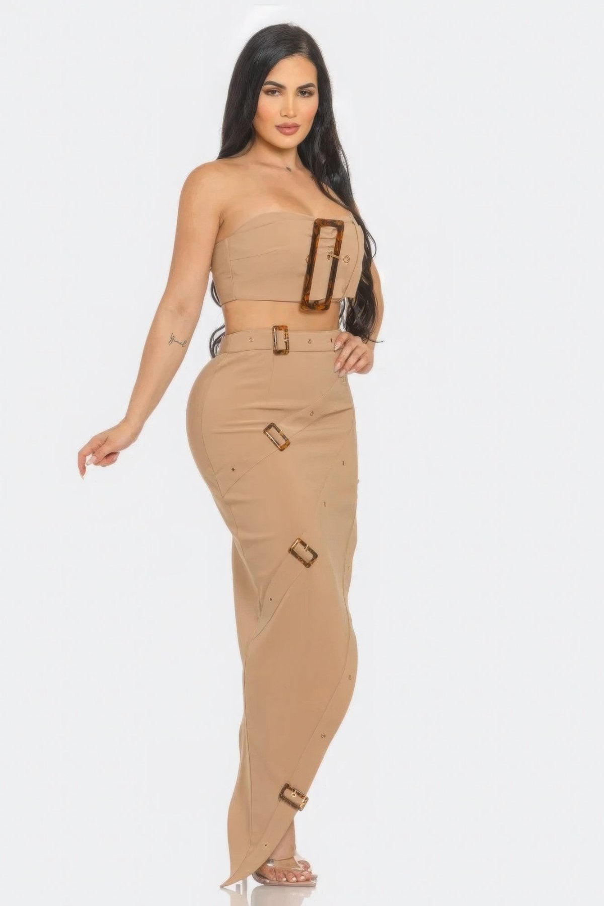 Taupe Belt Buckle Crop Top & Skirt Set side