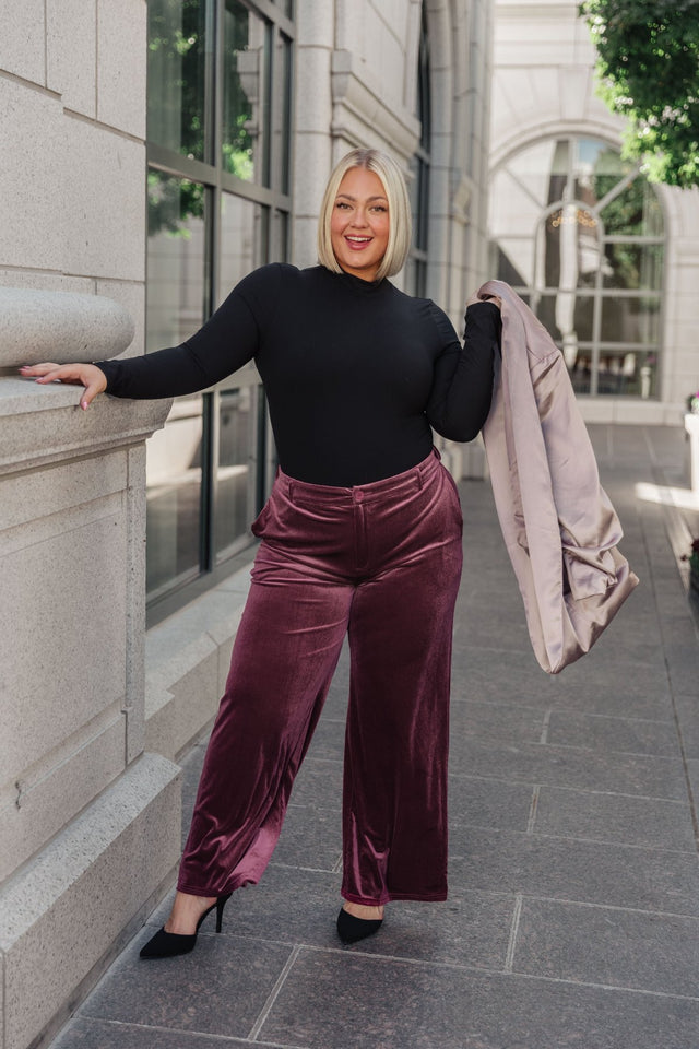 Luxe Velvet Wide Leg Trousers in Burgundy Plus Size