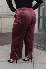 back view Plus Size Luxe Velvet Wide Leg Trousers in Burgundy