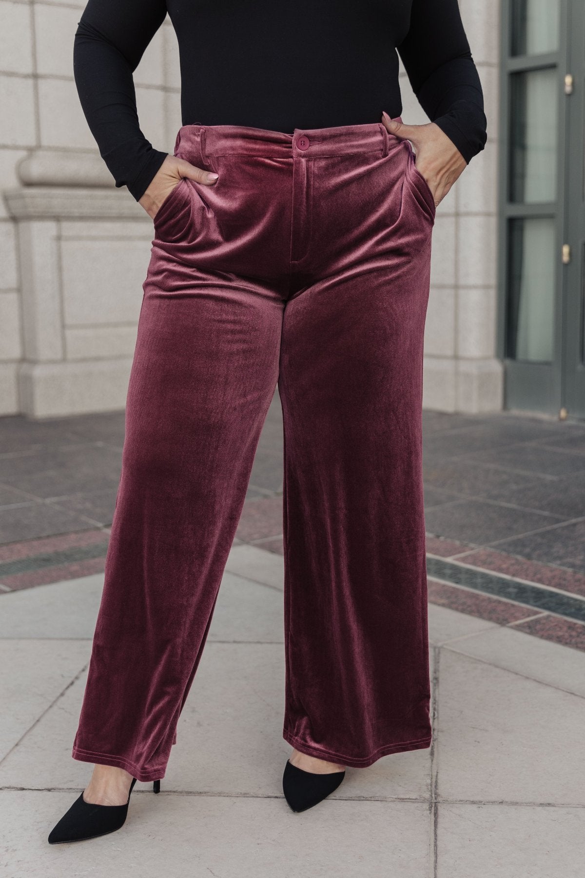 Luxe Velvet Wide Leg Trousers in Burgundy Plus Size