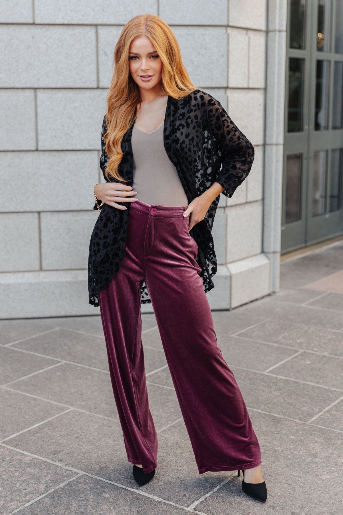 Luxe Velvet Wide Leg Trousers in Burgundy