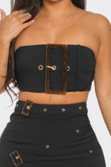 Black Belt Buckle Crop Top & Skirt Set close up