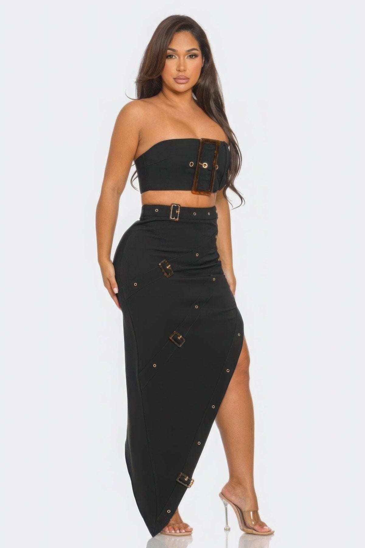 Black Belt Buckle Crop Top & Skirt Set