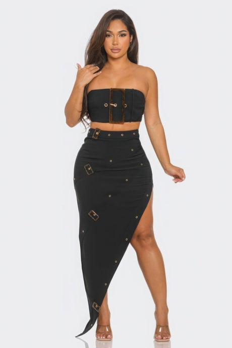 Black Belt Buckle Crop Top & Skirt Set