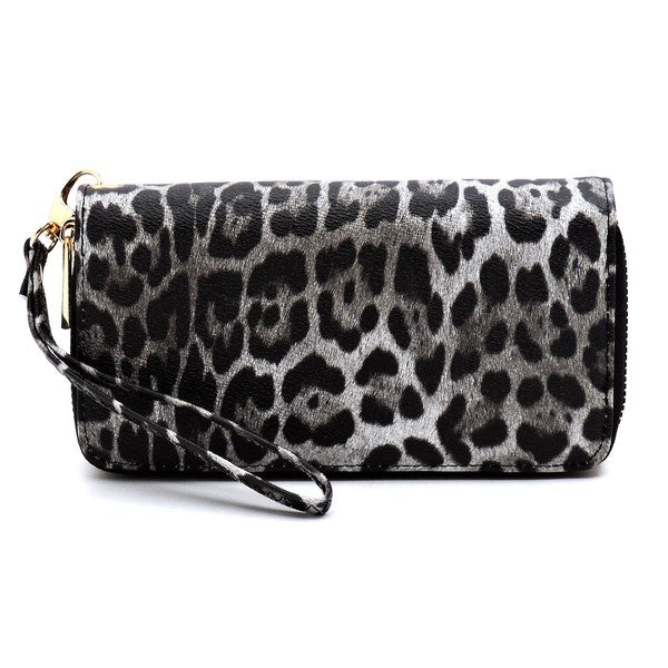 Black Leopard Double Zip Around Wallet Wristlet