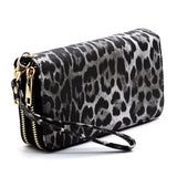 Black Leopard Double Zip Around Wallet Wristlet