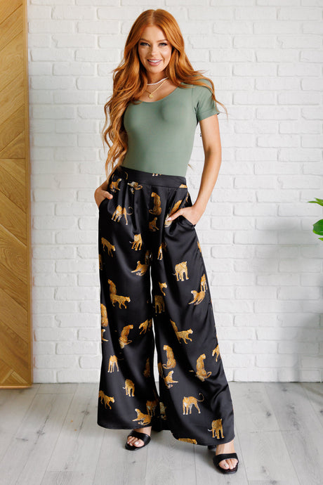 Royal Leopard Satin Wide Leg Pants