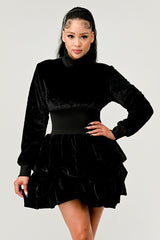 Black Cascading Ruffles Long Sleeve Dress