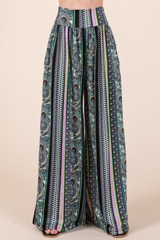 Boho Print Halter Crop Top with Wide Leg Pants with Pockets