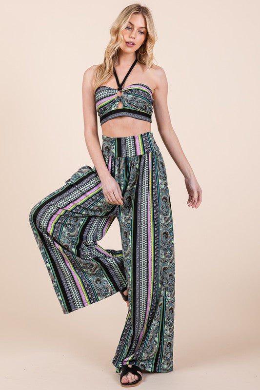 Boho Print Halter Crop Top with Wide Leg Pants with Pockets