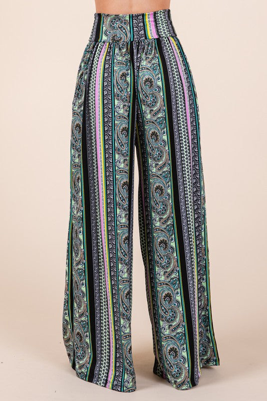 Boho Print Halter Crop Top with Wide Leg Pants with Pockets