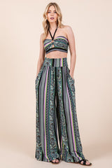 Boho Print Halter Crop Top with Wide Leg Pants with Pockets