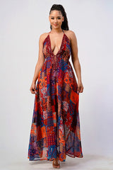 multi color Boho Print Sequin Trim Maxi Dress