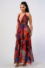 multi color Boho Print Sequin Trim Maxi Dress