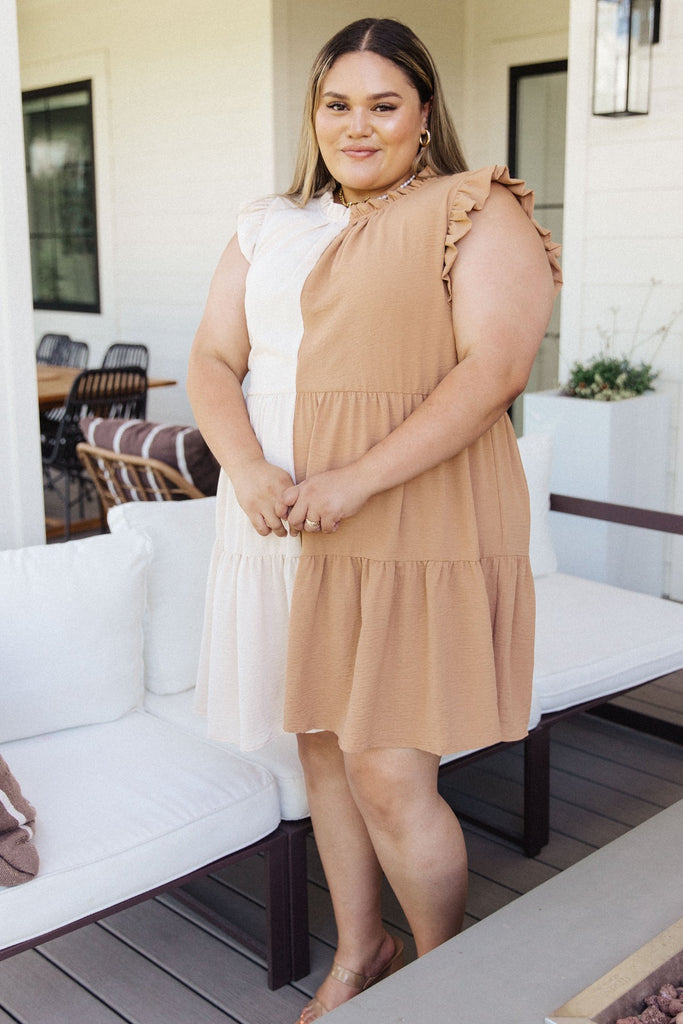 Tan and Ivory Colorblock Tiered Ruffle Dress