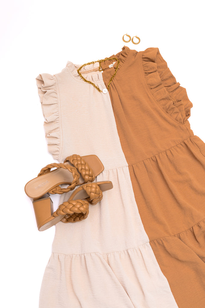 Tan and Ivory Colorblock Tiered Ruffle Dress