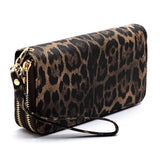 Brown Leopard Double Zip Around Wallet Wristlet